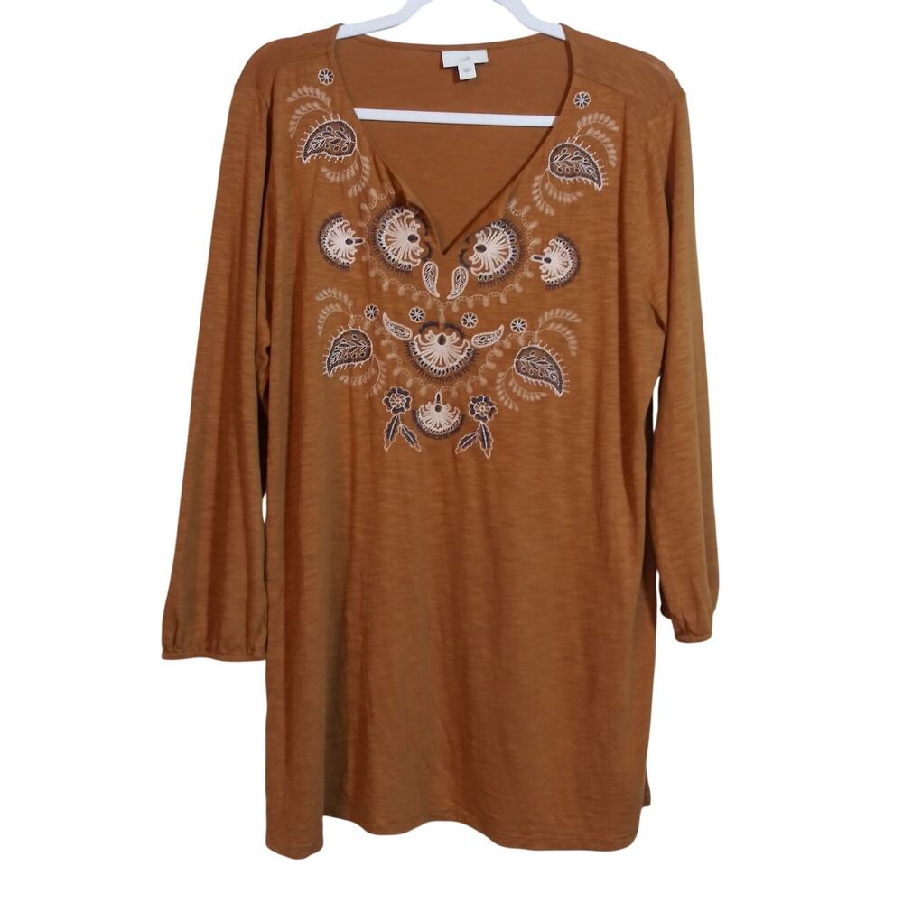 J.Jill Brown Embroidered Boho Cotton Top Casual Size L